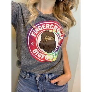 XS, Fingercroxx, Heathered grey and tie dye Bigfoot graphic tee shirt
